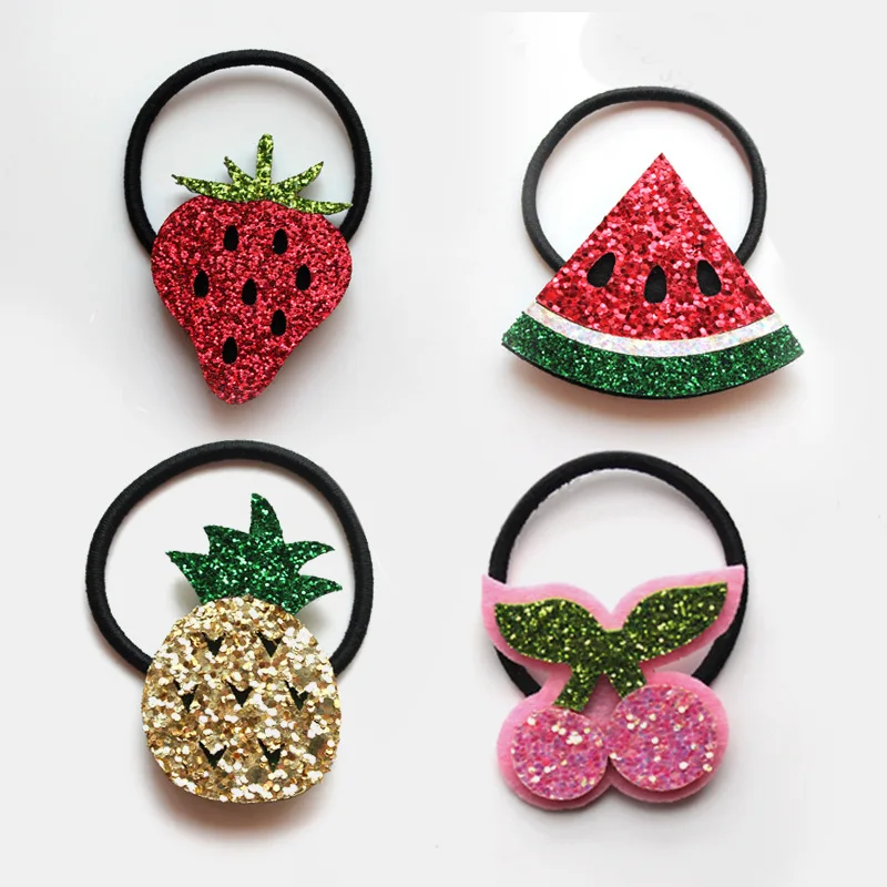 20pcs Fashion Cute Glitter Strawberry Pineapple Watermelon Cherry Elastic Hair Bands Fruits Hair Ties Princess Girls Headwear