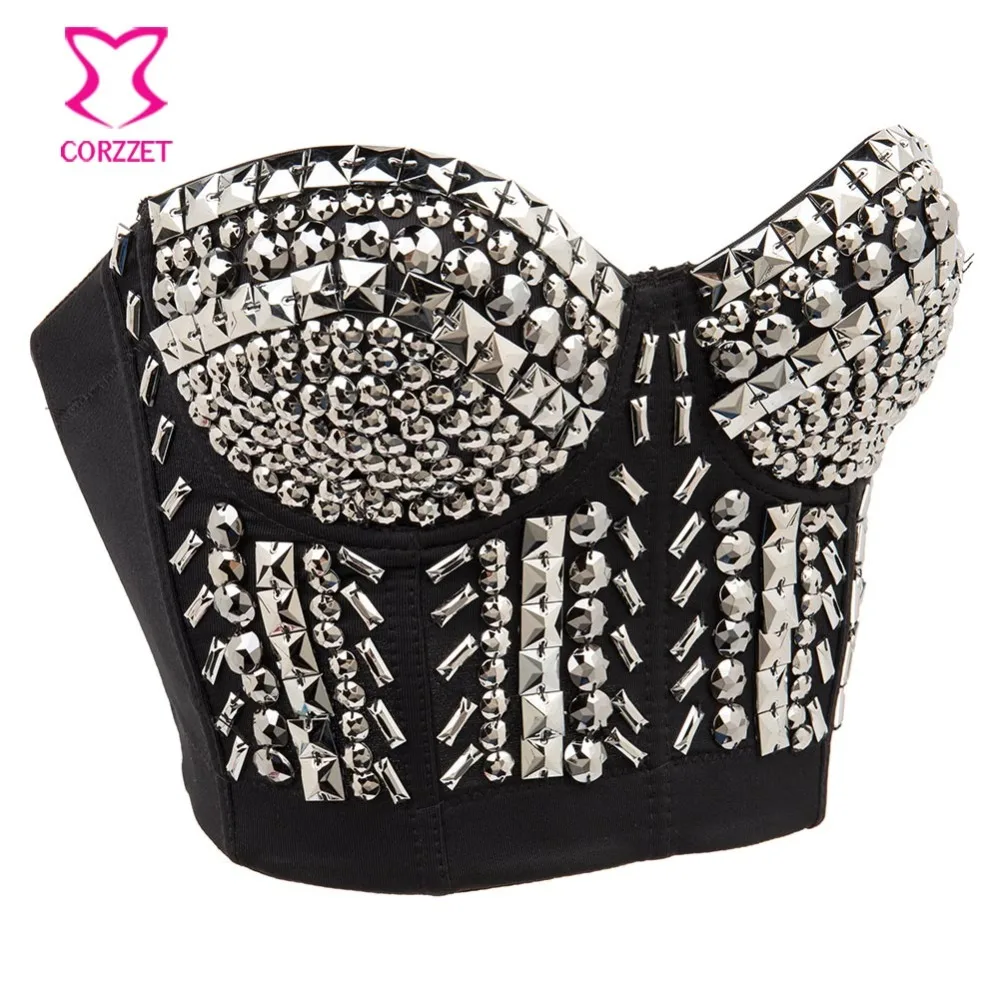 Corzzet Sliver&Gold Resin Gems Beading Gothic Bra Top Sexy Bustier Underwear Women Bra Push Up Bralette Punk Rock Brassiere