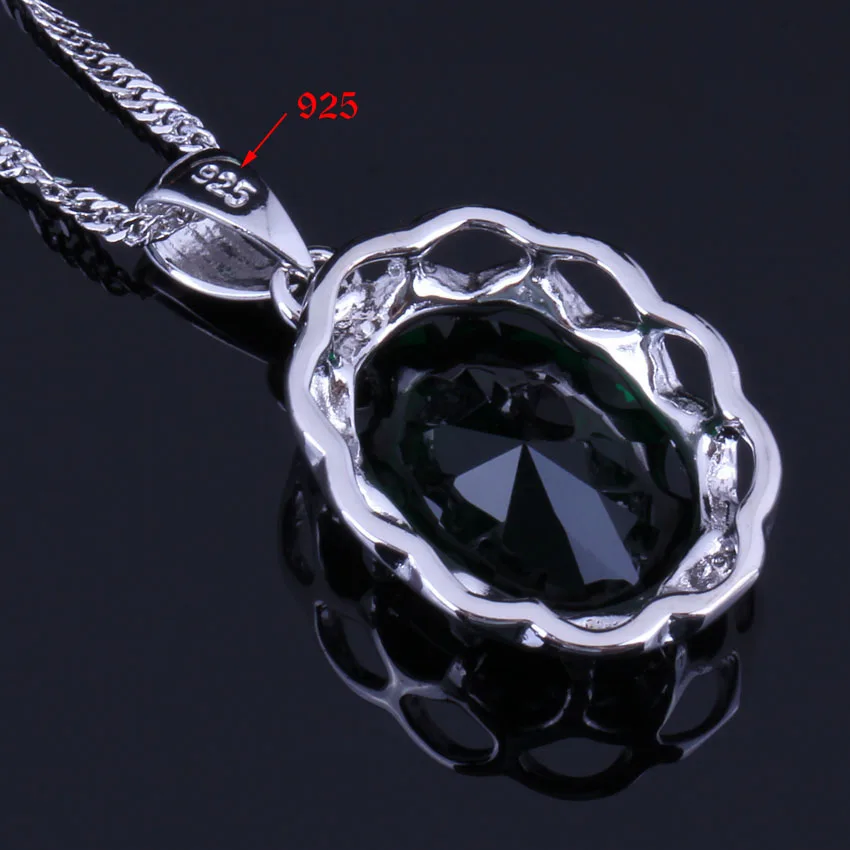 Magic Oval Egg Green Cubic Zirconia Silver Plated Jewelry Sets Earrings Pendant Chain Ring V0277