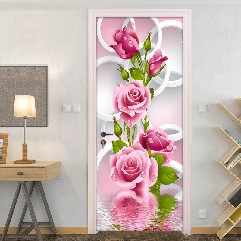 Modern Wallpaper Simple Door Sticker Romantic 3D Stereoscopic Circle Rose Flower Art Wall Mural Living Room Bedroom Home Decor