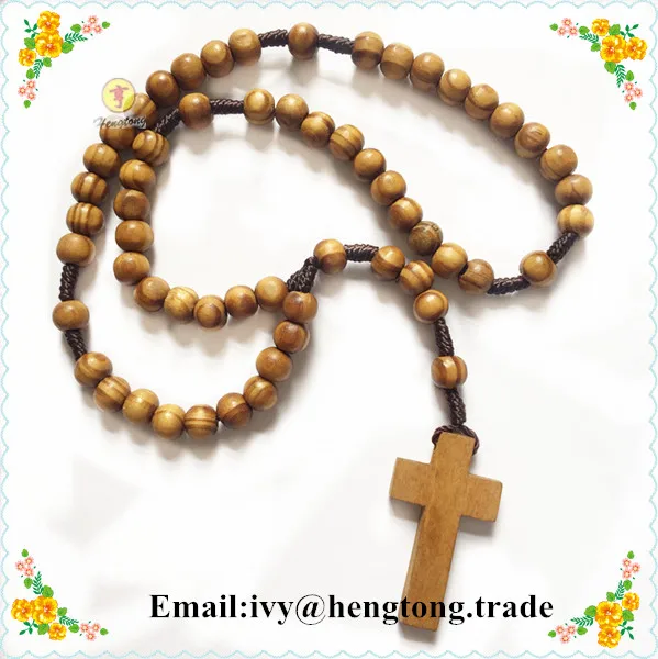 10pcs/pack wholesale cheap olive/pine wooden beads religious rosary, catholic rosary necklace with wooden cross