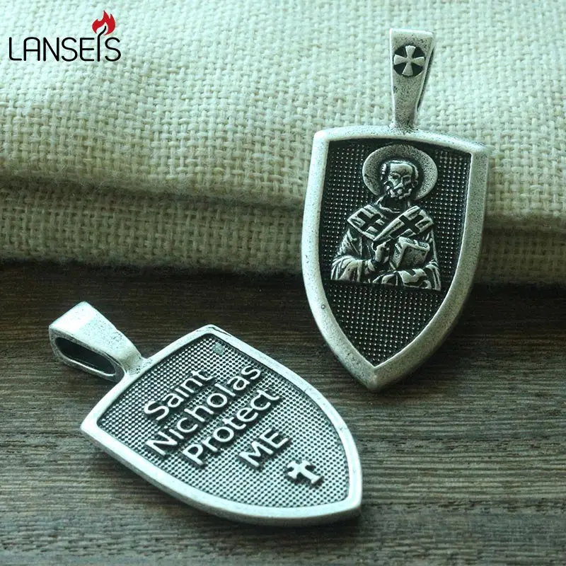 lanseis 10pcs men necklace Saint Saint Nicholas me Protect family Shield Protection cross medal pendant saint talisman jewelry