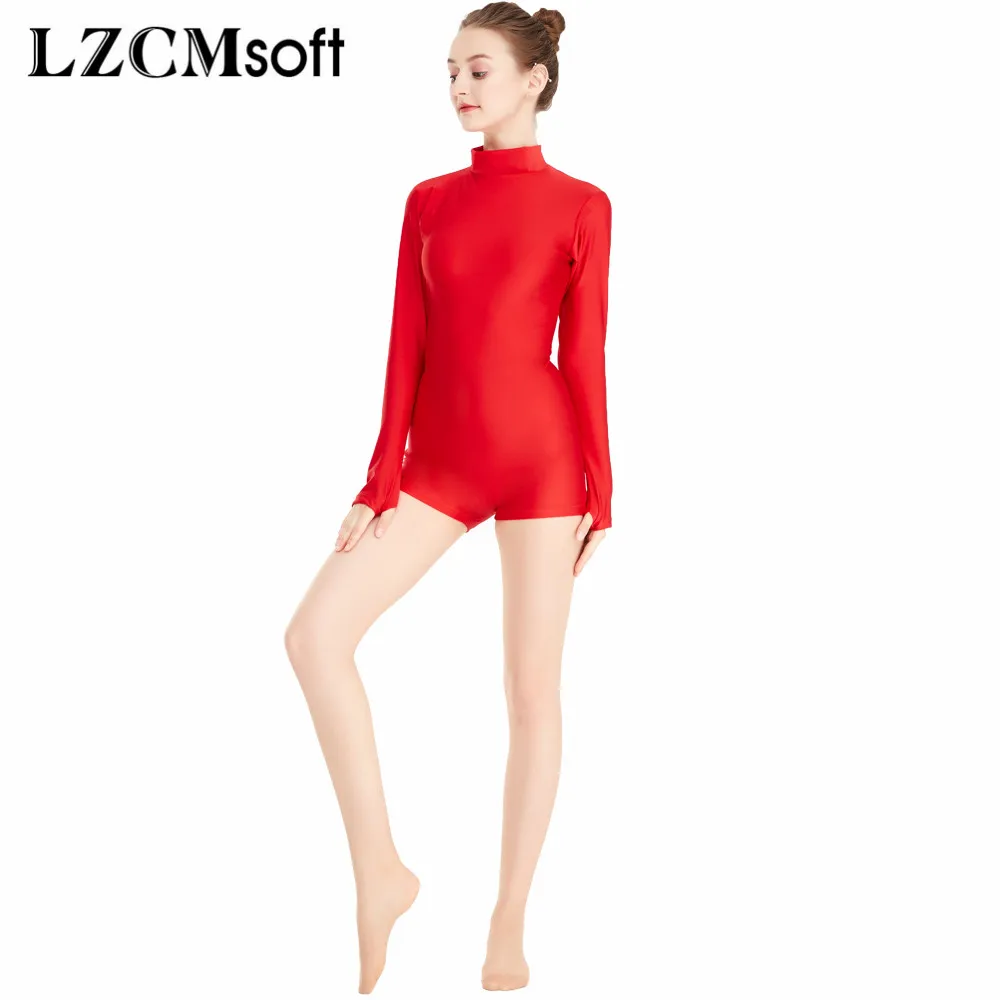 LZCMsoft Adult Mock Neck Biketards with Thumbholes Back Zip Spandex Long Sleeve Short Unitard Women\'s Ballet Dance Leotards