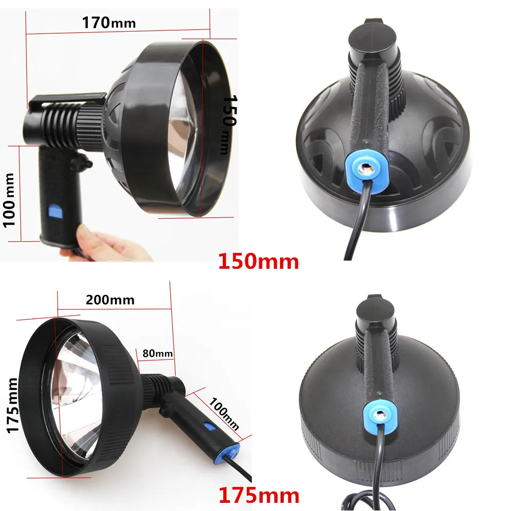12V 1000LM 150mm/175mm 100W Halogen Marine Light Handheld Hunting Spotlight Adjustable Beam Spot or Flood With Bulb Lens Filter