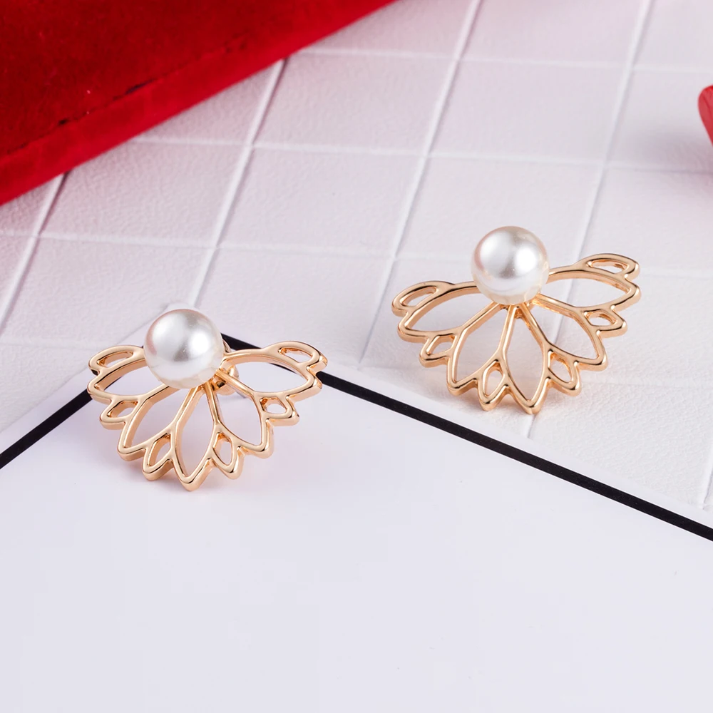 IPARAM Lotus pearl Jacket Flower Stud Earrings For Women fashion Jewelry Double Sided Gold Silver Plated earrings