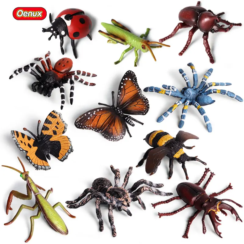 Oenux Insect Animals Model Butterfly Grasshopper Spider Action Figures Mantis Figurine Bee Miniature Educational Toys For Kids