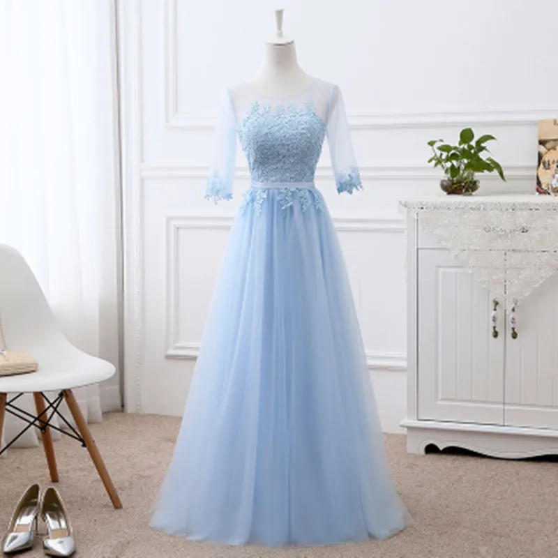 Robe de soiree Sky blue Scoop Neck Lace up Transparent Embroidery A-line Long evening Dress vestido de festa Formal Prom Dress