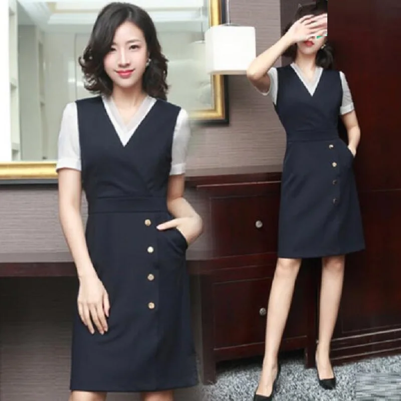 Korean Women Business Suit Ol Style Office Work Vest Dress Robe Blazer Shirt Two Piece Sets Work Wear Sundress Uniform DD2025