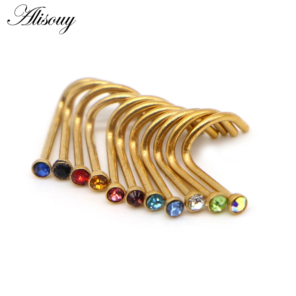 Alisouy 1pc Fashion Stainless Steel Crystal Rhinestone Nose Studs Hooks Bar Pin Nose Rings Body Piercing Jewelry For Women