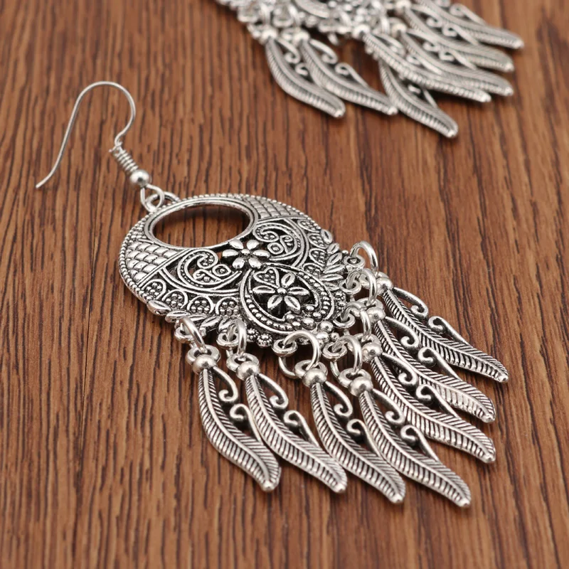Aihua Vintage Tibet Silber Farbe große Aussage hohle geschnitzte Blumen geometrische Muster Blätter Quaste Tropfen Ohrringe für Frauen – Detail 15