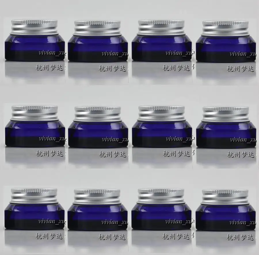 30pcs empty 15g blue glass cream jar with silver lid, glass 15 grams cosmetic jar for sample or eye cream,15g mini glass bottle