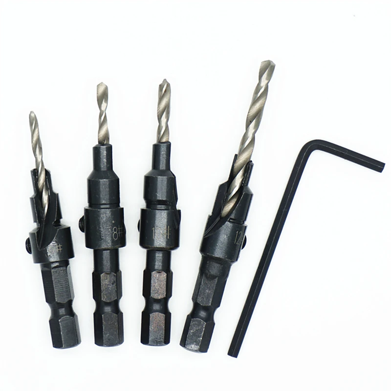 Brocas avellanadas HSS 1/4, vástago hexagonal, herramienta de Tapper para carpintería, Agujero Piloto de madera, tamaño #6 #8 #10 #12, con una llave, 4 piezas