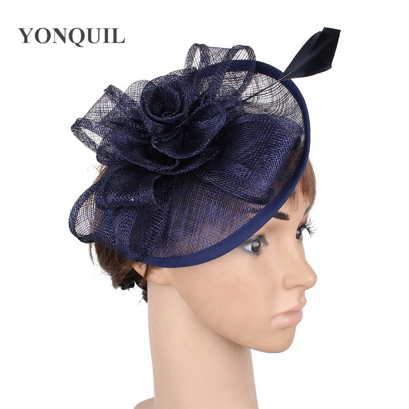 

Women Vintage Navy Millinery Cocktail Hat Sinamay Fascinator Headwear Wedding Bridal Accessories With Feather Headdress MYQ028