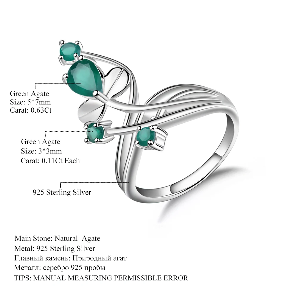 Gem\'s Ballet 0.97Ct Natural Green Agate Gemstone Ring Solid 925 Sterling Silver Flower Ring For Women Wedding Fine Jewelry