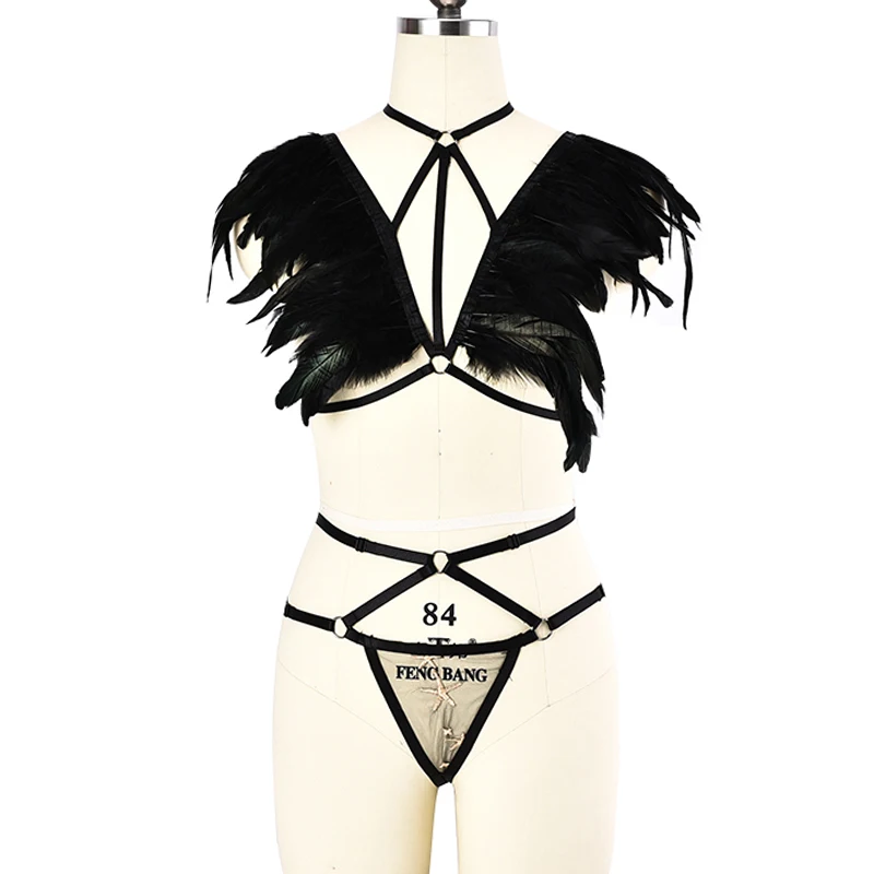 

JLX.HARNESS Women Black Feather Top Cage Body Harness Bra Set Transparent Mesh Embroidery Pentagram G-string Briefs Panties