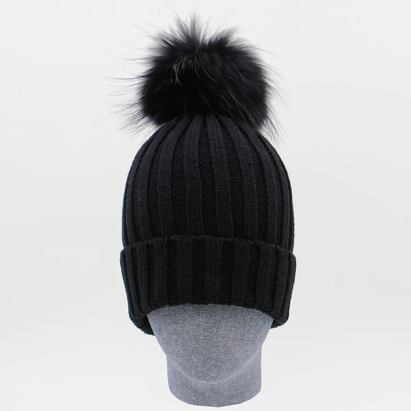 2017 Black Acrylic Winter Beanie Hat Women Real Silver Fox Fur Ball Hats Winter With Real Raccoon Fur Knitted Beanie Pom Pom Hat image 4