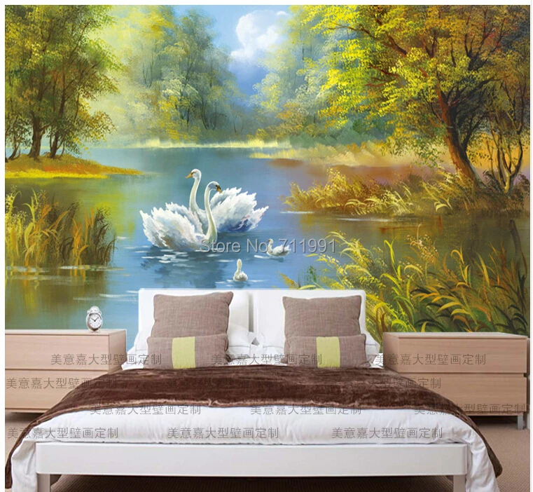 

Free shipping custom 3 d modern mural Sitting room sofa TV porch background wallpaper wallpaper Swan lake