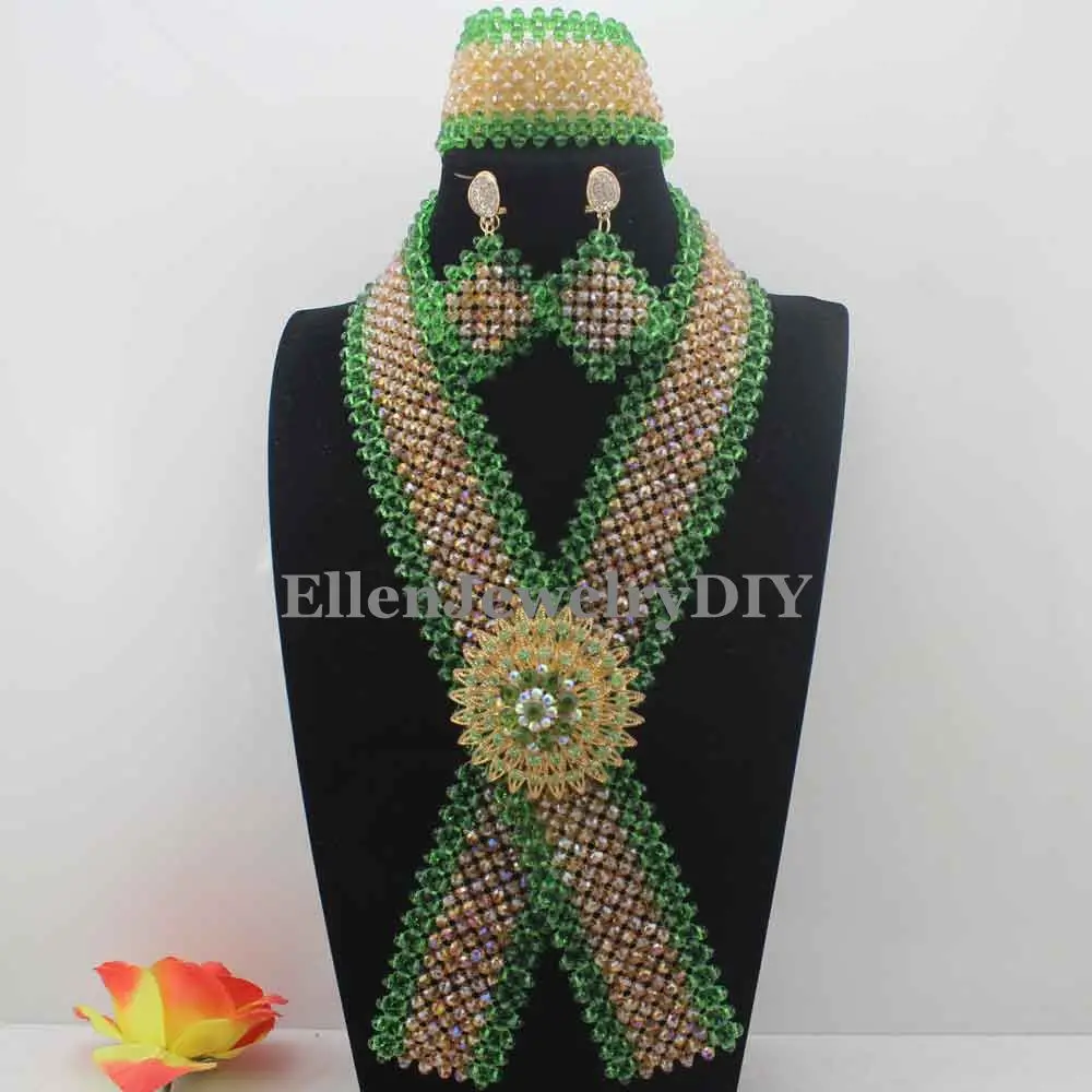 

Fashion New Green earrings Crystal Beaded Necktie Necklace Set African Jewelry Sets for Brides Ceremony Free Shipping W13837