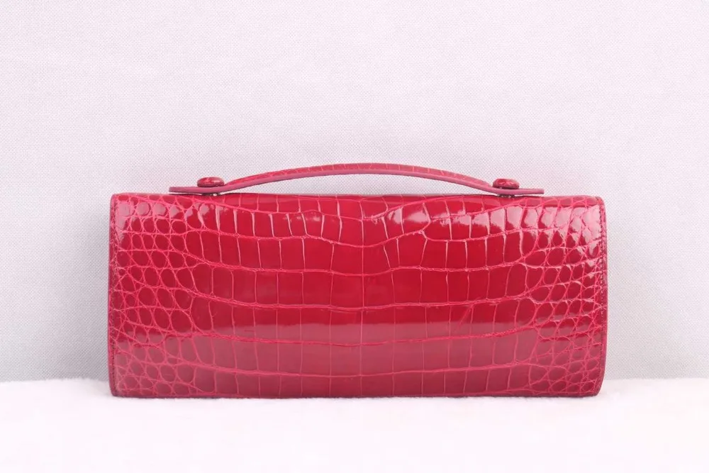 Top quality shinny high glossy genuine crocodile skin women clutch wallet long size with gold color locker top handle red color