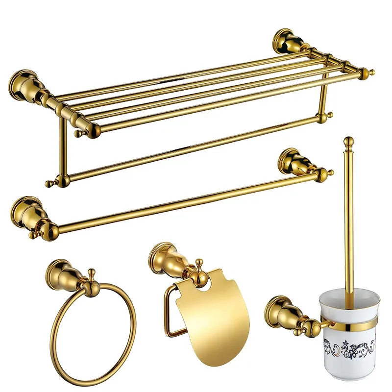 Brass gold plated 5 pieces Bathroom Hardware Accessory Set 565mm Towel rack Towel bar paper holder towel ring Toilet brush