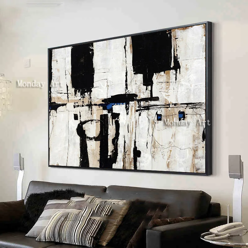 

Handpainted thick knife abstract oil painting Black white blocks wall Painting home Decor canvas Oil Painting artwork picture