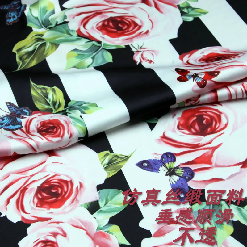 Rose Printed Fashion Fabric Smooth Dress Scarf Children\'s Clothing Polyester Pajamas Diy Sew Fabrics Wholesale Cloth