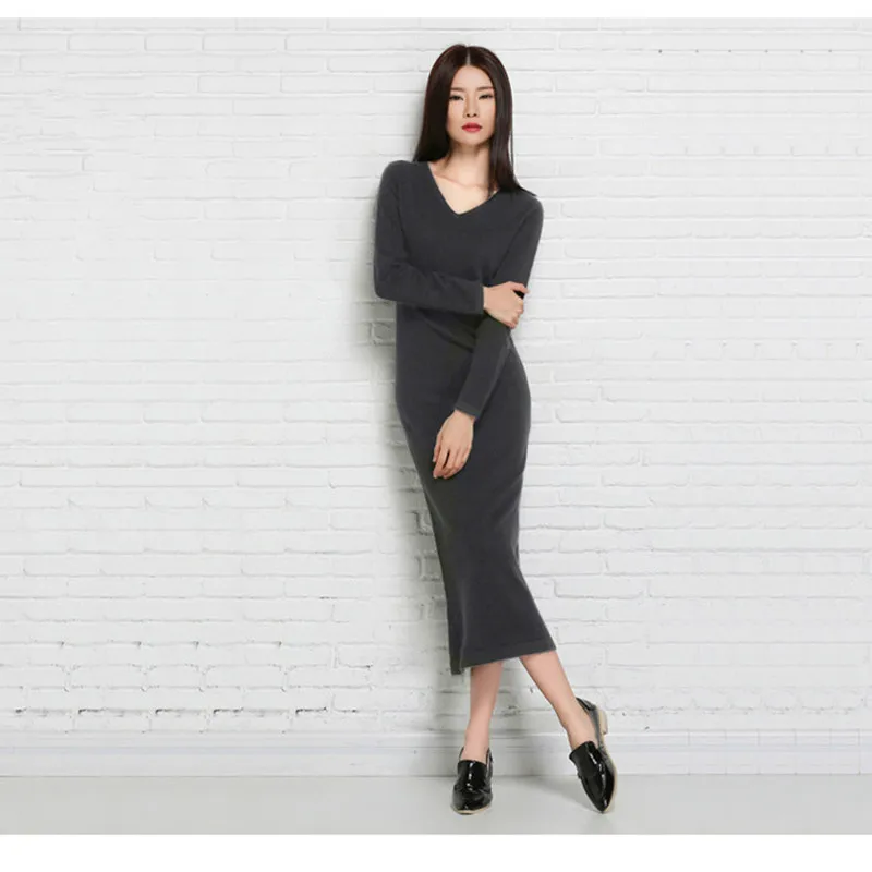 Europe and the United States ultra long v-neck sweater wool skirt sets women cultivate one's morality render cashmere sweater