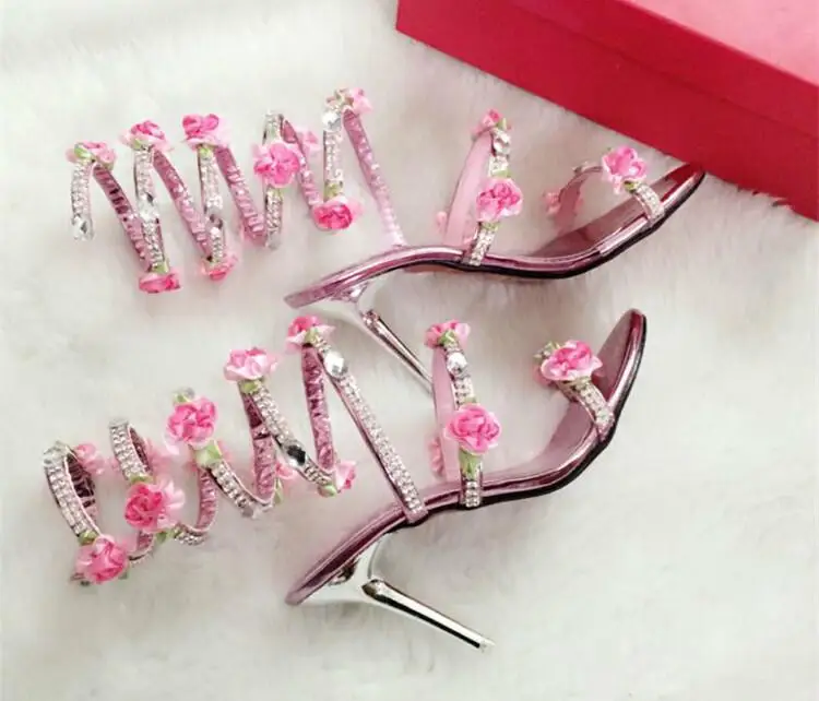 Pink Knee High Slip onFlats Sandal Boots Gladiator Summer Rhinestone Woman Boots Shoes Bohemia Style Crystal Flower Beach Shoes