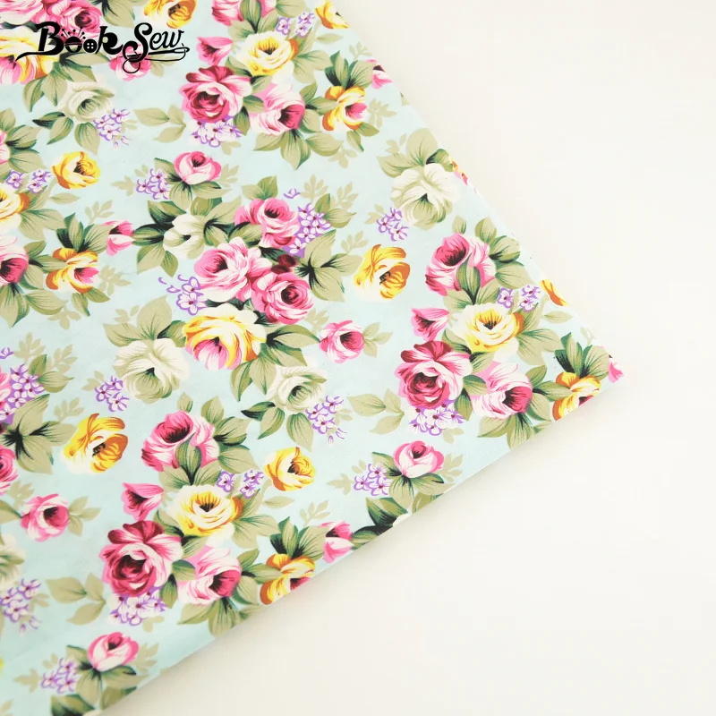 

Booksew 100% Cotton Poplin Fabric Printed Rose Design Light Green Home Textile Tela DIY For Patchwork Craft Dress Shirt Clothing