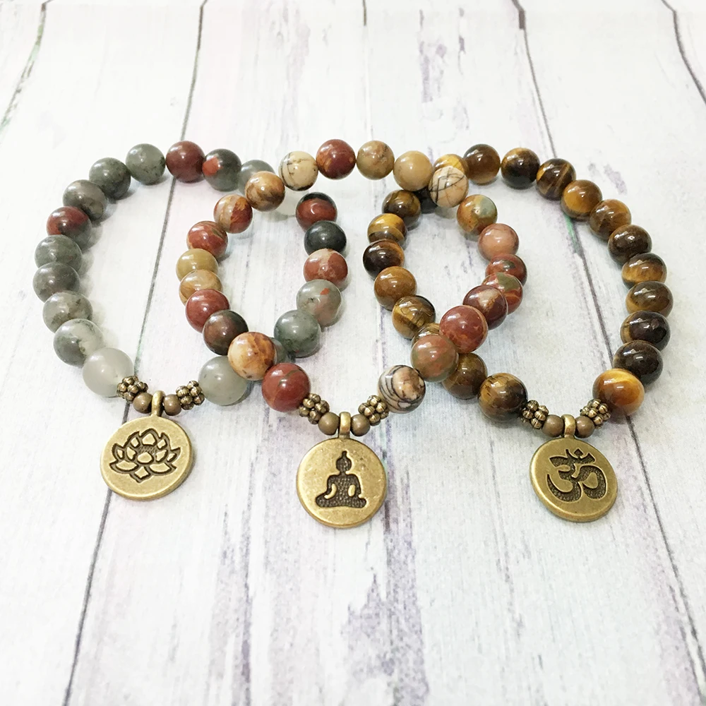 MG0511 Natural Stone Yoga Bracelet Set Handmade Bloodstone Lotus Charm Bracelet Tiger Eye Picasso Jasper Bracelet for Women