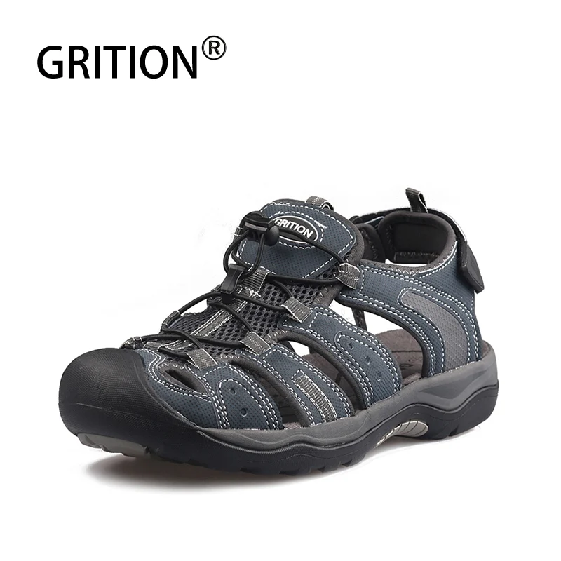 GRITION Men Sandals Nubuck Leather Outdoor Casual Sport Hiking Beach Shoes Toecap Comfort 2020 Summer Crocks Non Slip Size 46