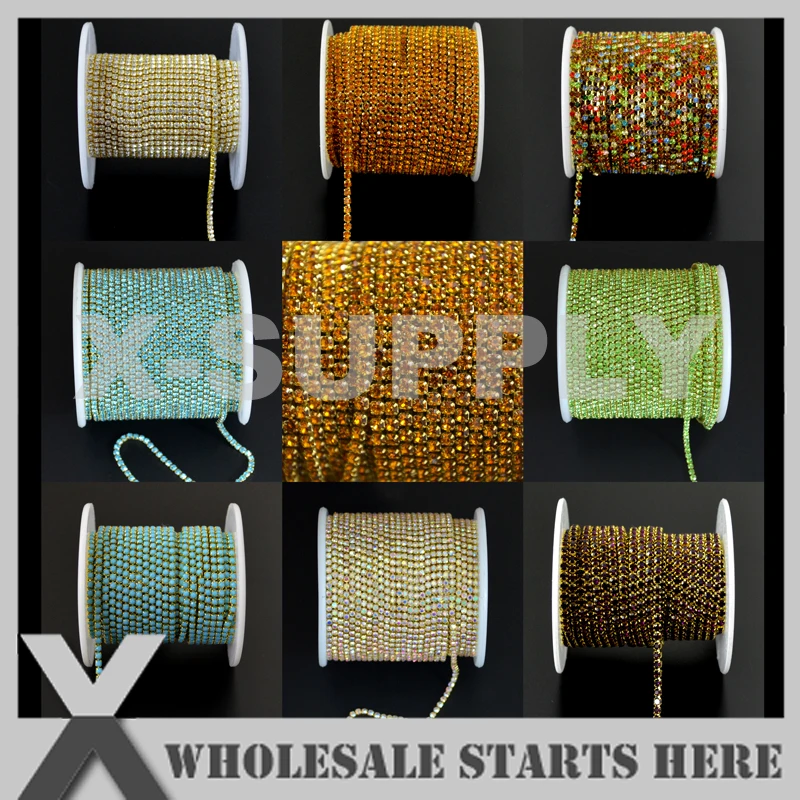 

Light Colors SS6(1.9-2.1mm) Spaceless Dense Rhinestone Cup Chain in GOLD Base Chain for Clothing,Wedding,Shoe,Jewelry