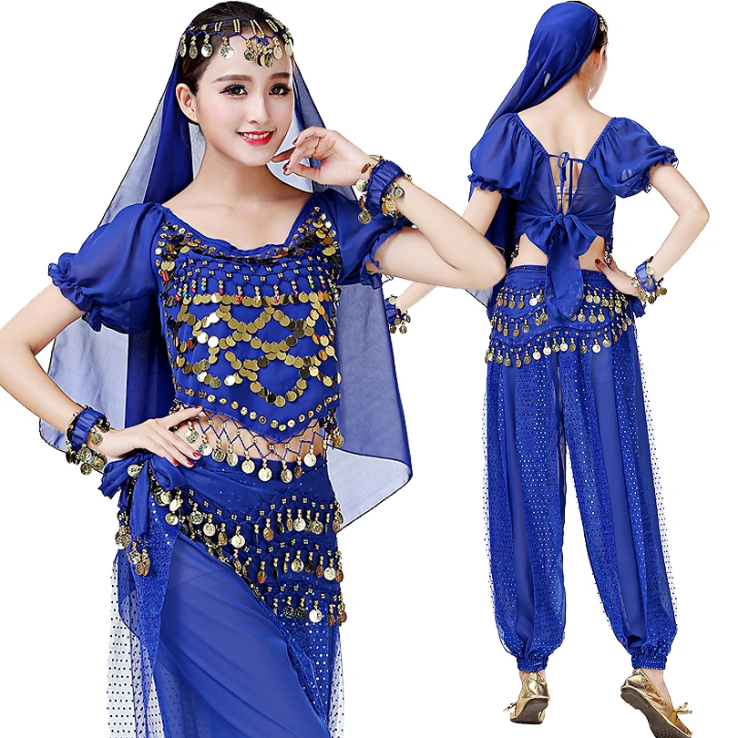 Costumi arabi di danza del ventre Set di abbigliamento per spettacoli di Halloween Set 6 pezzi Top, pantaloni, sciarpa all'anca, velo per la testa, bracciali