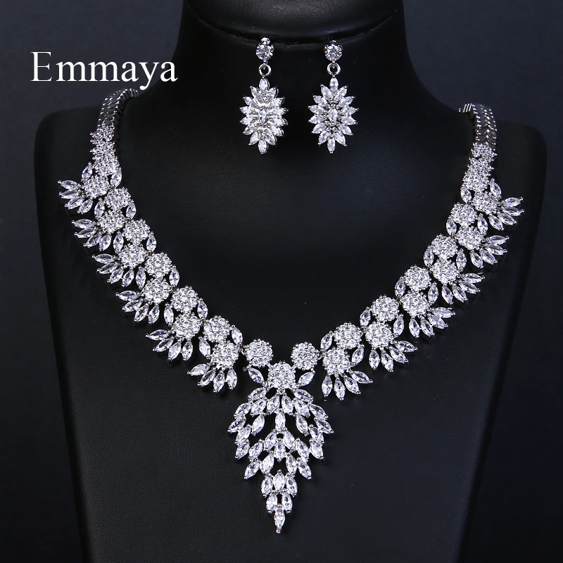 Emmaya Brand Sparkling Cubic Zirconia Crystal Zircon Flower Necklace and Earring Wedding Bridal Jewelry Sets Gift