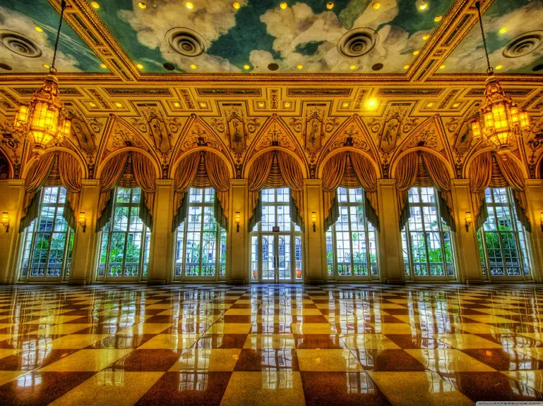 

Royal Castle Ballroom Column Ceiling Chandelier Window background High quality Computer print party backdrops