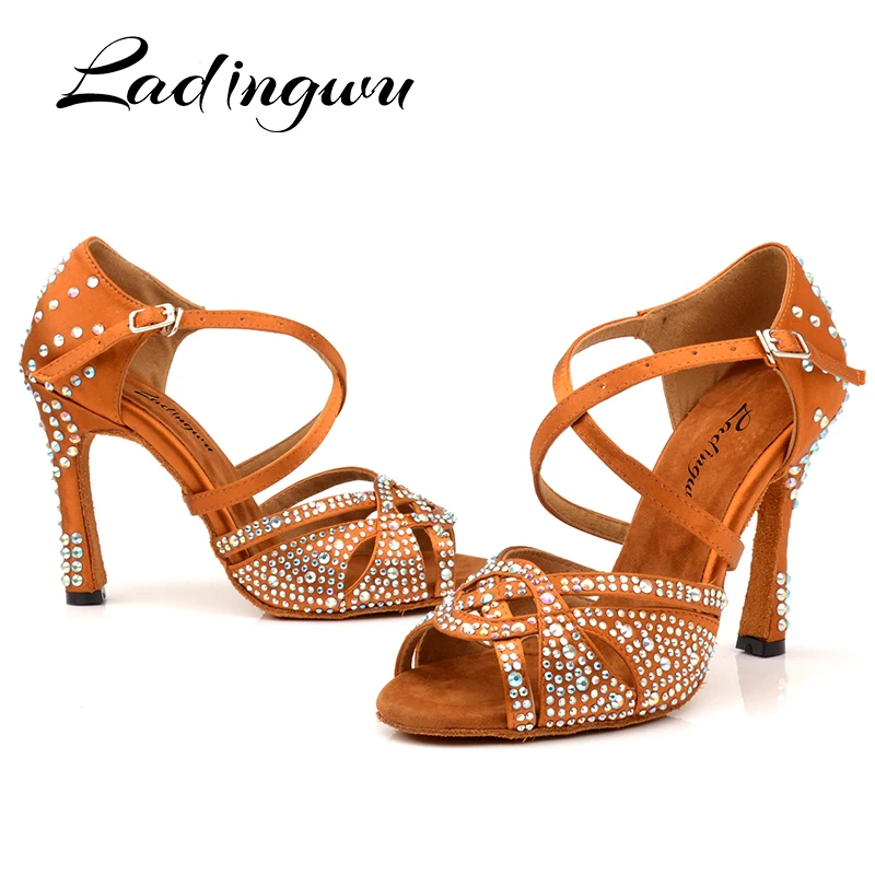 Ladingwu New Latin Dance Shoes Women New laser Rhinestone Satin Salsa Party Ballroom Dancing Shoes Bronze Cuba High Heel 10cm