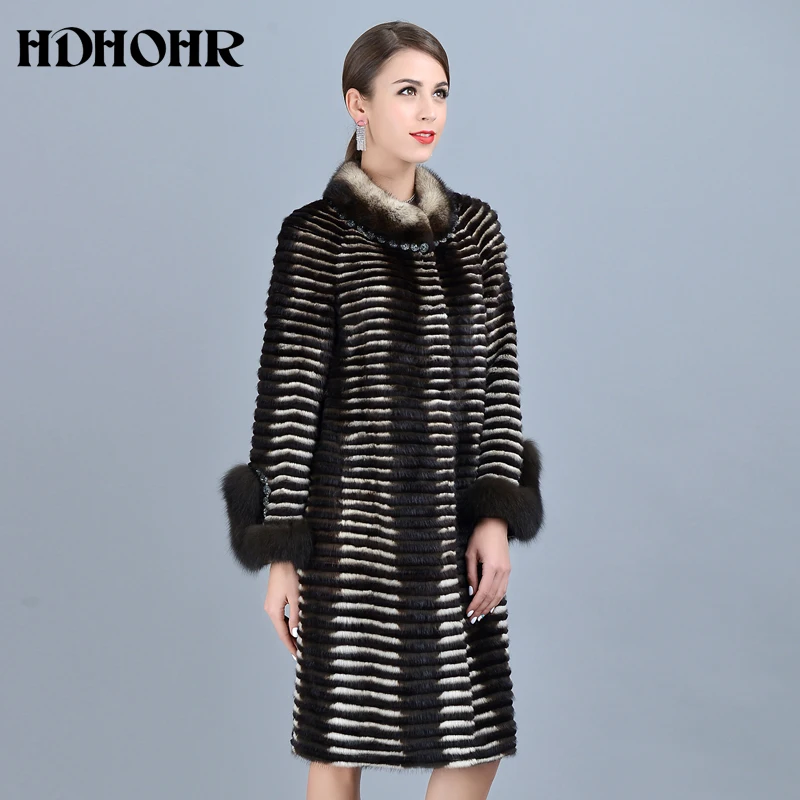 HDBathroom-Vestes en fourrure de vison naturel pour femmes, Parkers chauds d\'hiver, Manches en fourrure de renard combiné, Optique de la mode, Haute