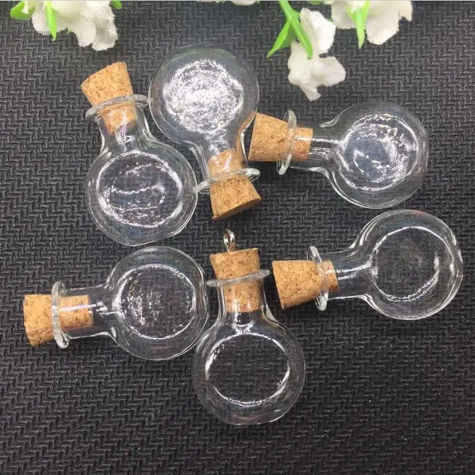 50pcs/lot transparent lampwork Glass Bottles Round Flat Vial Wishing sample jars handmade DIY Pendants cork stopper eyehook