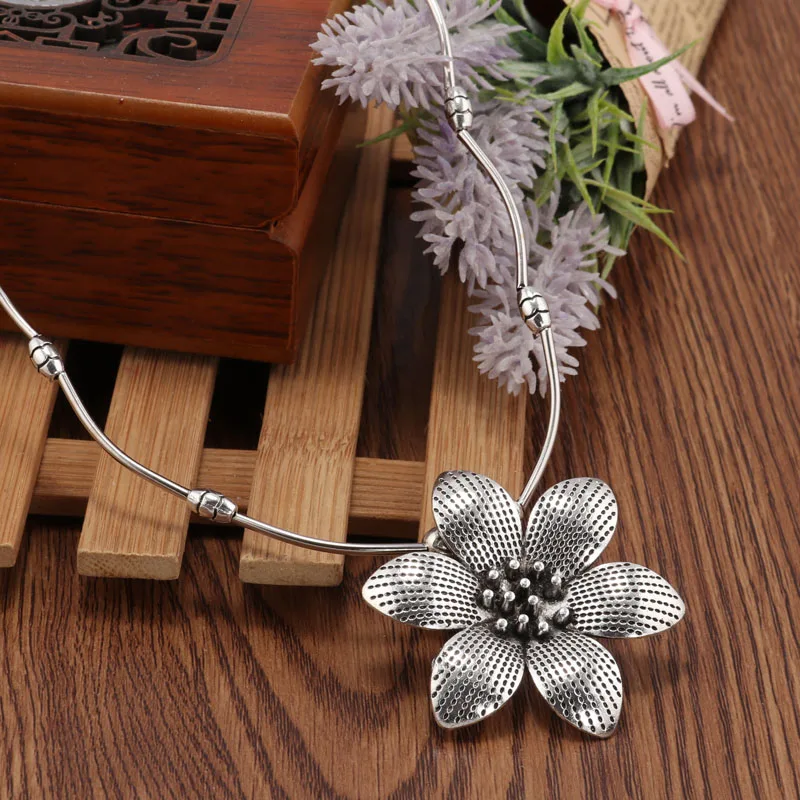 Seblasy Vintage Bohemian Big Flower Statement Necklaces & Pendants for Women Jewelry Accessories Tibet Silver Color Bijuterias