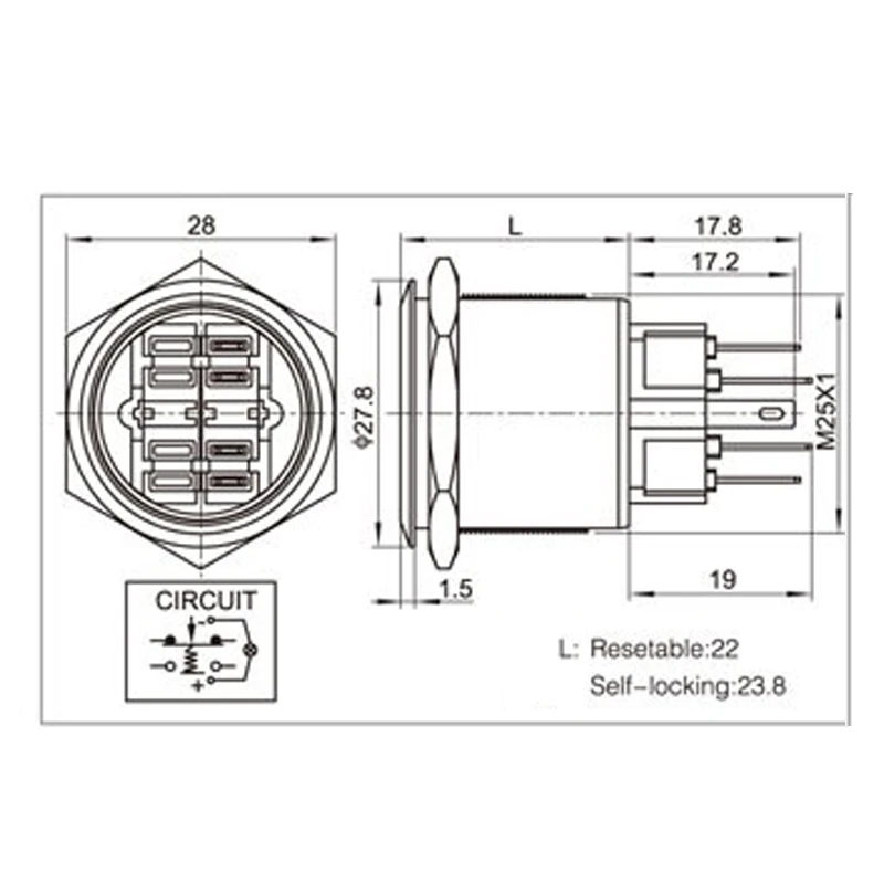 25mm 6V 12V 24V 220V Blue Ring Led Light Momentary/Locking Push Button Switch DPST Metal Industrial Boat Car DIY Switch