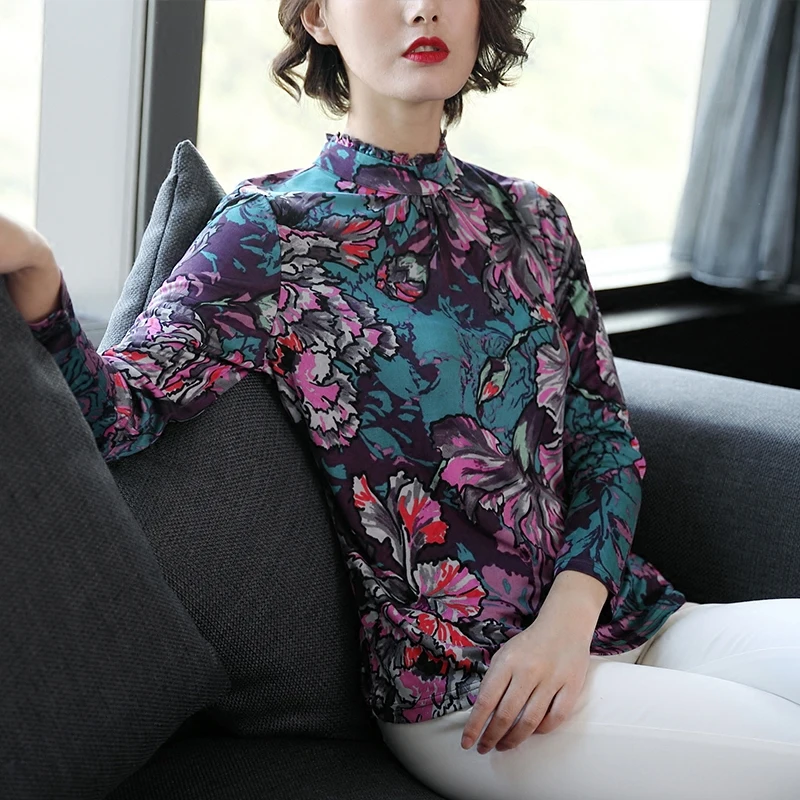 Autumn Female Silk Shirt Sleeved Frill Collar Sleeve Slim Silk  Shirt 120g/m silk Double knit