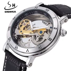 Orologio meccanico moda uomo orologi trasparenti SHENHUA automatico meccanico scheletro orologi cinturino in pelle Relogio Masculino