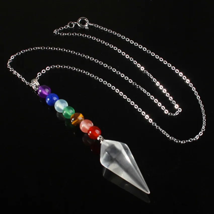 100-Unique 1Pcs Silver Plated Rock Crystal Quartz Hexagonal Pyramid Stone Pendant Healing Chakra Pendulum Necklace For Gift