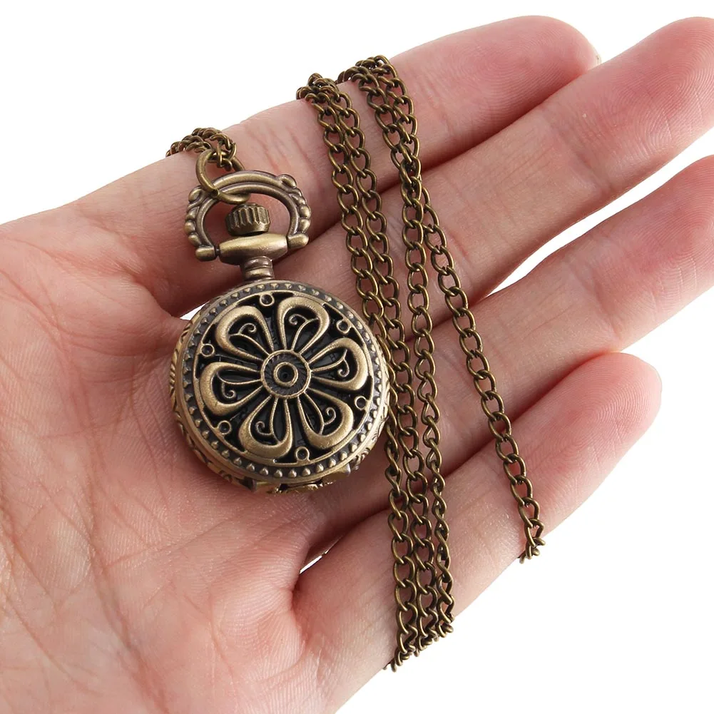 Vintage Pocket Watch Bronze Color Quartz Watch Cool Chain Hollow Small Flower Cover Watches trumpet 6 leaf flower pocket Gift