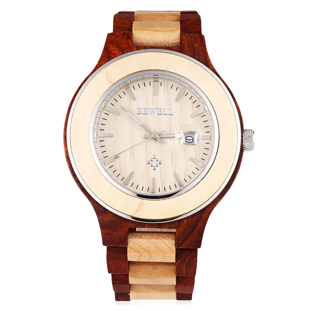 BEWELL Men Quartz Watch, Luminous Pointer Date Wooden Wristwatch, Male Fashion Wood Watch, Water Resistant Casual Watch