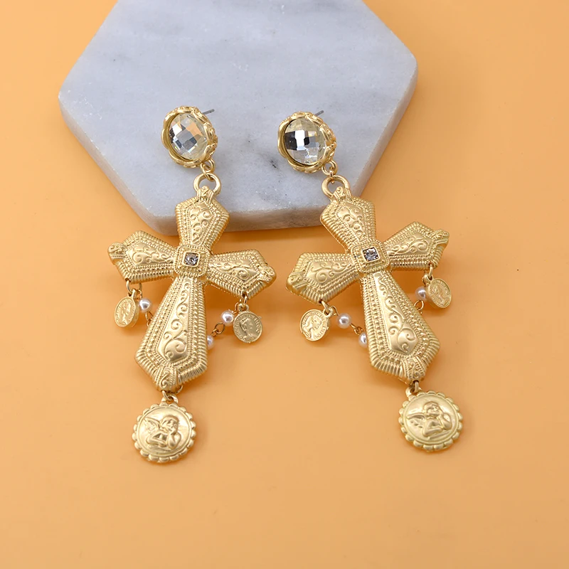 Gold Color Long Drop Big Cross Earring Vintage Pendant Dangle Earrings for Women Fashion Rhinestone Retro Jewelry