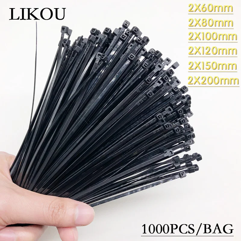 LIKOU Self-Locking Nylon cable ties 2x80mm 2x120mm 2x150mm 2x200mm Plastic wire zip ties 1000/500pcs straps black