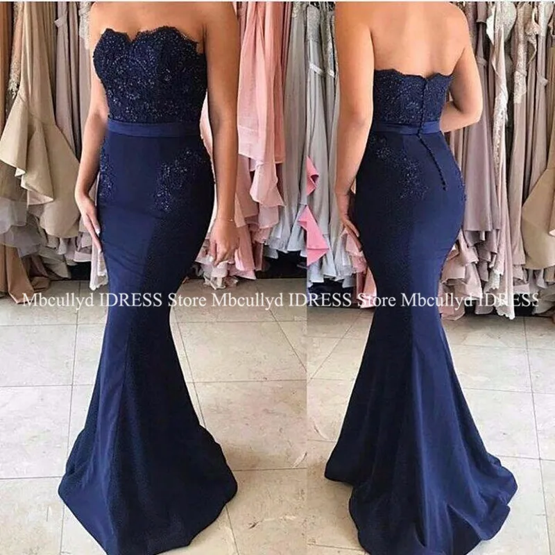 Navy Blue Mermaid Bridesmaid Dresses 2021 Long Lace Appliques Maid Of Honor Dress Cheap Under 100 Wedding Guest Gown