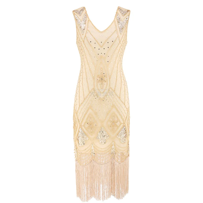 

Women 1920 s Gatsby Dress Summer Sexy Party Dresses Beading V Neck Vintage Tassel Stripe Sequin Draped Fringe Flapper Dress