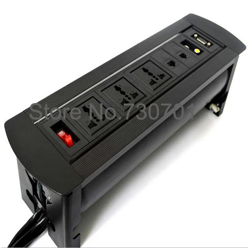 Black Conference Tabletop Hidden Manual Rotating Power Sockets with  USB C USB A switch HDMI for Office Furniture